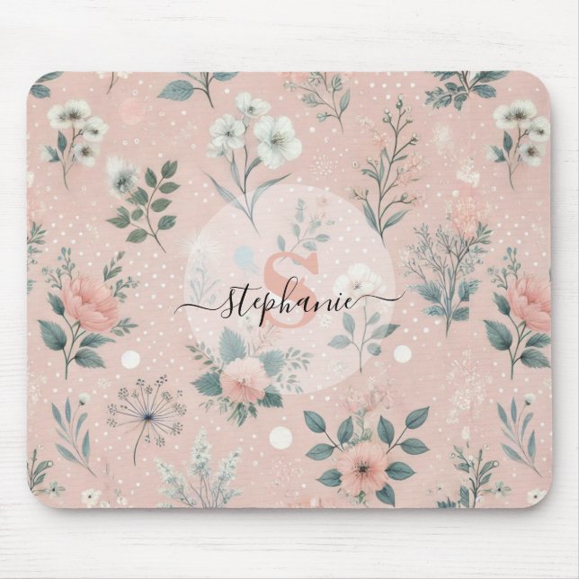 Tapis De Souris Floral rose rustique avec fleurs blanches et verdu (Devant)