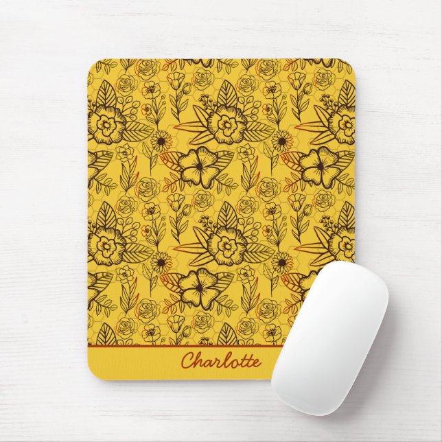 Tapis De Souris Floral sans couture motif jaune nom personnalisé (Avec souris)
