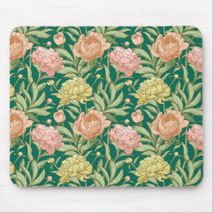 Tapis de souris floral vert, rose, pêche et jaune