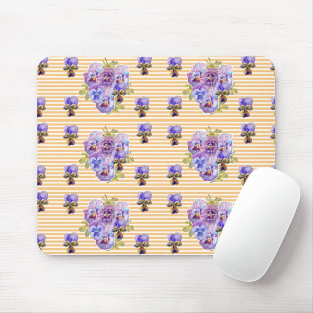Tapis de souris floral violet délavé Pansy jaune (Avec souris)