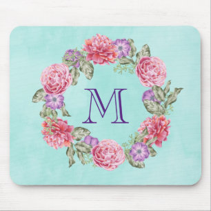 Tapis De Souris Floral Wreath Aquarelle Fleurs Monogramme personna