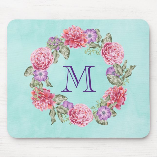 Tapis De Souris Floral Wreath Aquarelle Fleurs Monogramme personna (Devant)