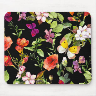 Tapis De Souris Flore avec papillons sur le noir, Souris