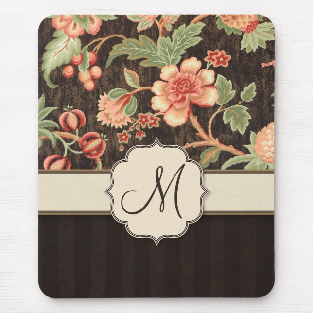 Tapis De Souris Flore Brown et de pêche rétro, rayures et monogram (Devant)
