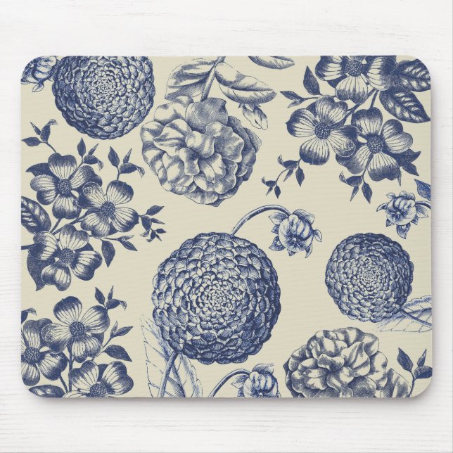 Tapis De Souris Flore d'impression florale de fleurs bleues antiqu (Devant)
