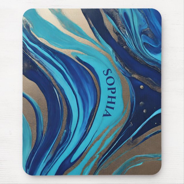 Tapis De Souris Flux Abstrait moderne Art- Bleu et Or- (Devant)