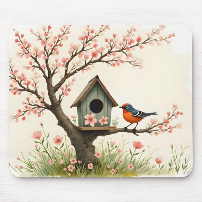 Tapis De Souris Folk Art Bird and Birdhouse (Devant)