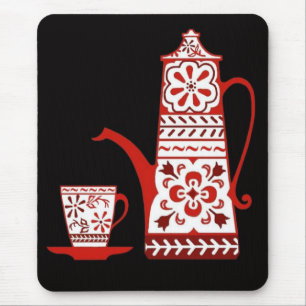 Tapis De Souris Folk, délice rouge, cafetière/théière et tasse