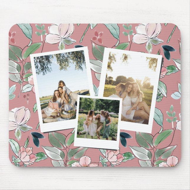 Tapis De Souris Fond floral rose personnalisé avec 3 photos (Devant)