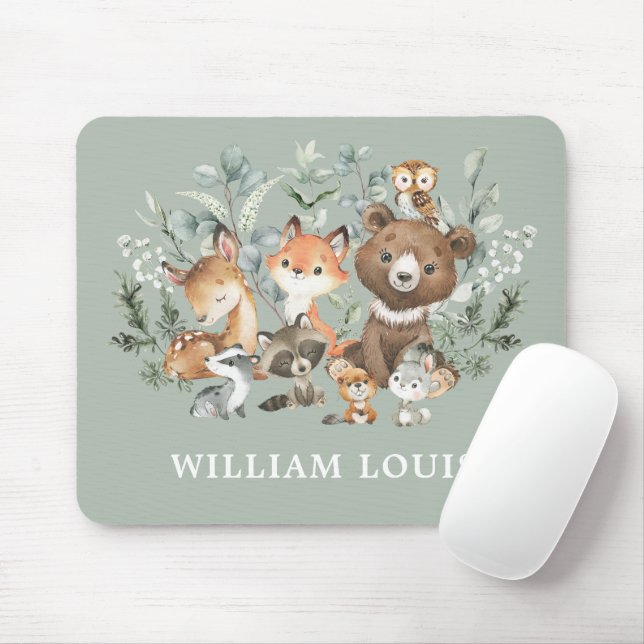 Tapis De Souris Forêt boisée mignonne Animaux de verdure Monogramm (Avec souris)