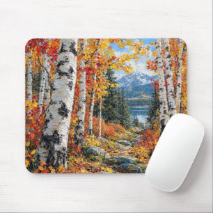 Tapis De Souris Forêt de bouleaux en automne avec lac de montagne