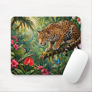 Tapis De Souris Forêt tropicale Jaguar Colibris Papillons Fleurs