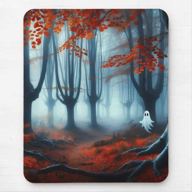 Tapis De Souris Forêts éffrayantes d'automne avec un fantôme (Devant)