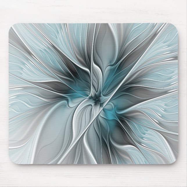 Tapis De Souris Fractal Floral Moderne Abstrait Fleur Bleu Gris (Devant)