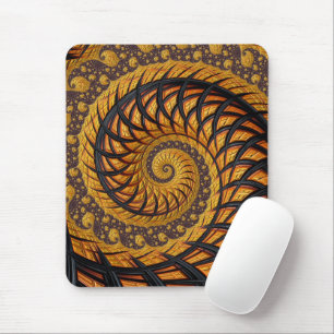 Tapis De Souris Fractale en spirale noire et or abstraite