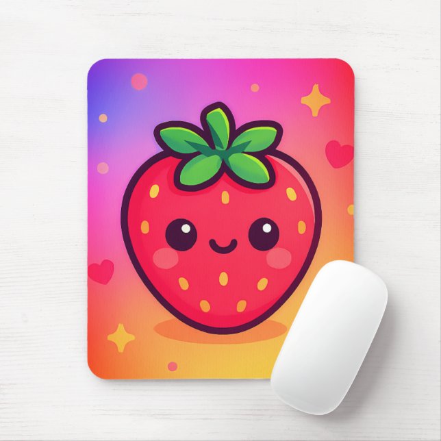 Tapis De Souris Fraise Kawaii souriante sur Pastel Gradient Backg (Avec souris)