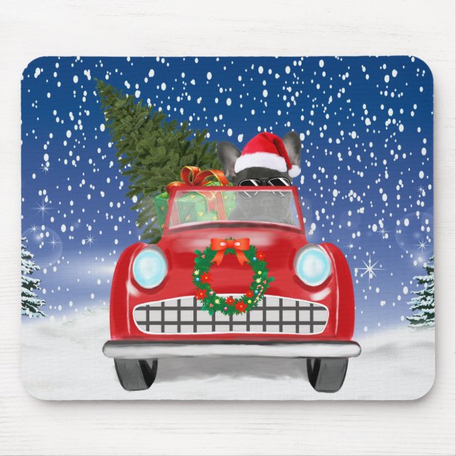 Tapis De Souris Français Bulldog Driving Car En Noël De Neige (Devant)