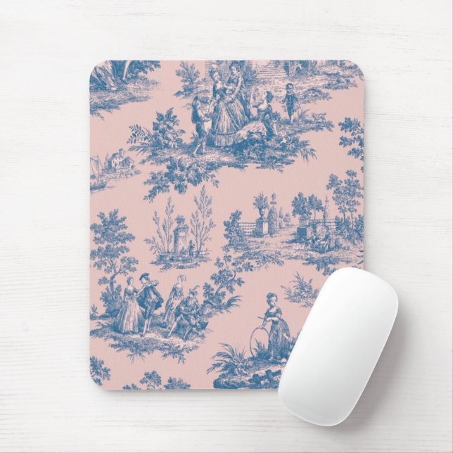 Tapis De Souris French toile de jouy bleu et rose élégant (Avec souris)