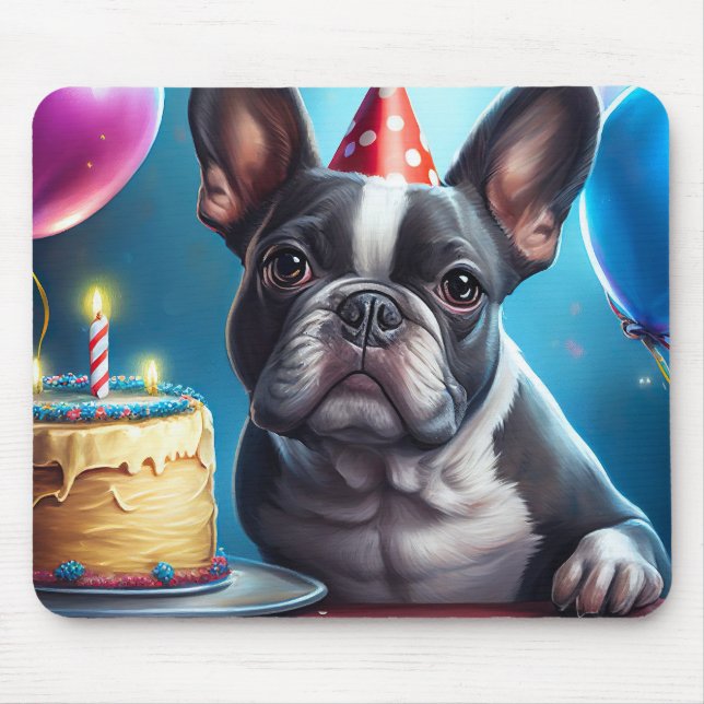 Tapis De Souris Frenchie Birthday Bash : Un mignon Bulldog françai (Devant)