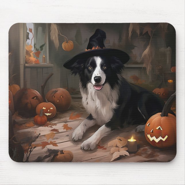 Tapis De Souris Frontière Collie Citrouilles Halloween effroi (Devant)