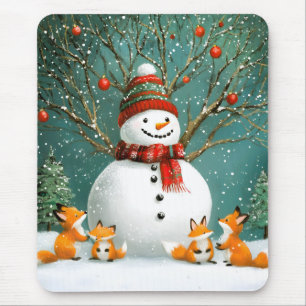 Tapis De Souris Frosty Winter Whimsical Snowman Fox Wonderland