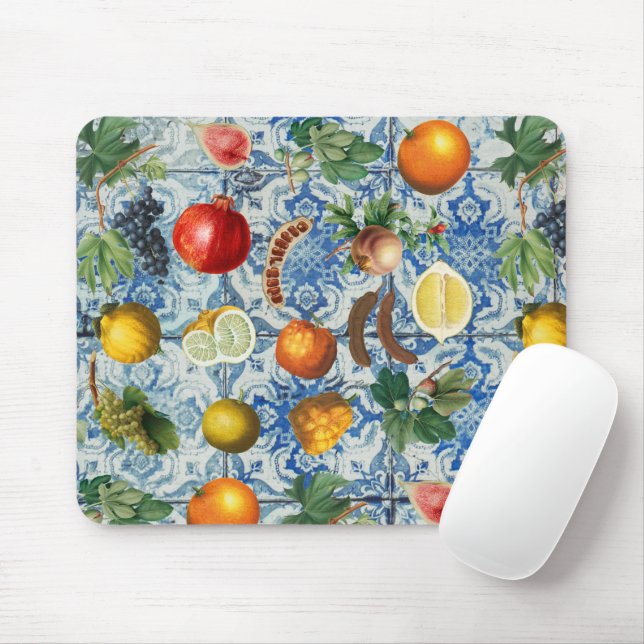 Tapis De Souris Fruit d'été méditerranéen & Mosaïque Bleue Blanc (Avec souris)