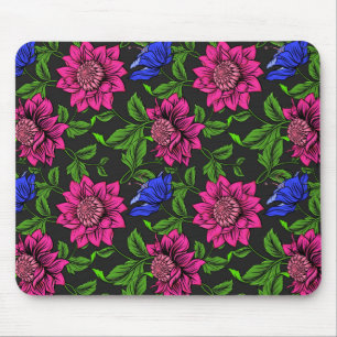Tapis De Souris Fuchsia Élégant & Fleur Bleue Fond Noir
