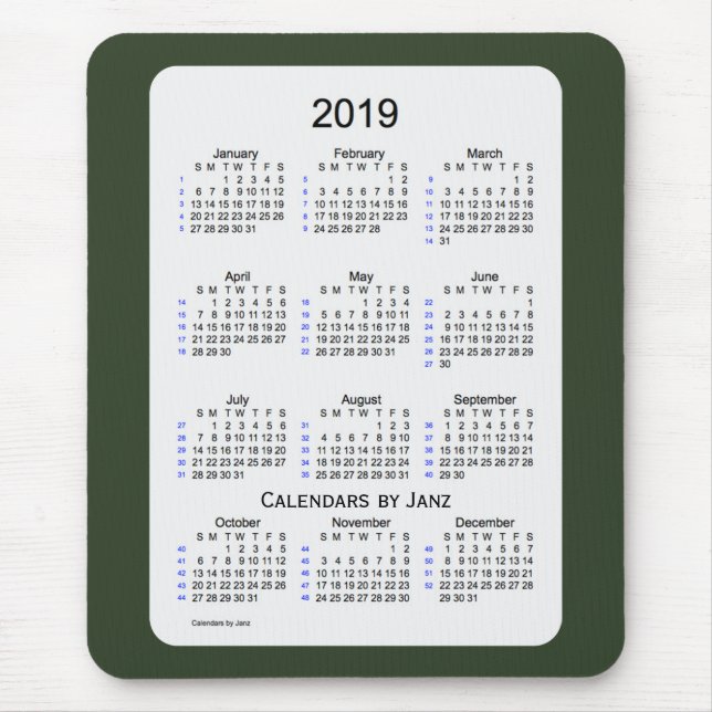 Tapis De Souris Fumée 2019 verte calendrier de 52 semaines par (Devant)