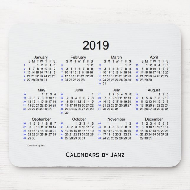 Tapis De Souris Fumée de 2019 blancs calendrier de 52 semaines par (Devant)