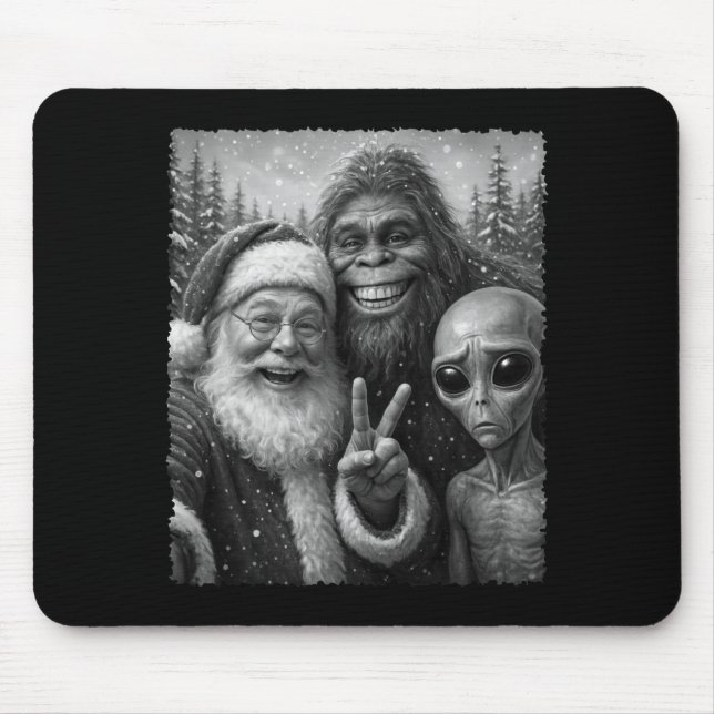 Tapis De Souris Funny Cat Santa Bigfoot Alien Christmas Selfie Tee (Devant)