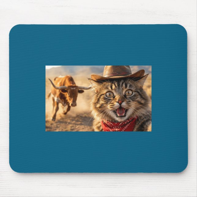 Tapis De Souris Funny Cowboy Cat Selfie With Charging Bull Western (Devant)