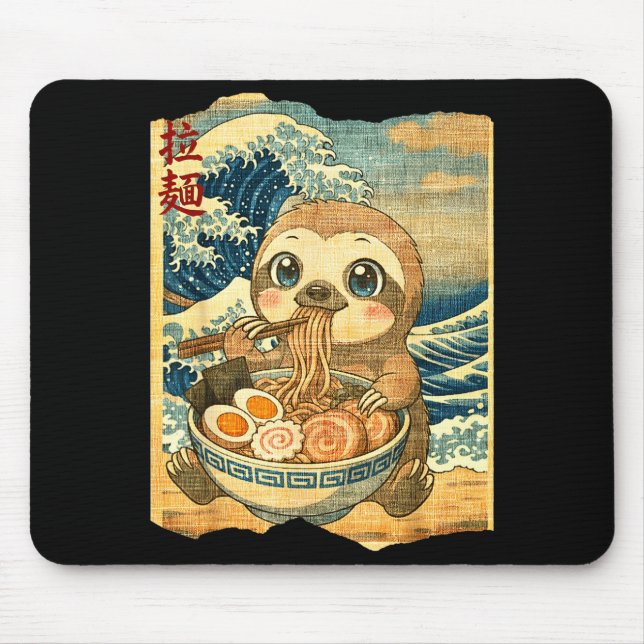 Tapis De Souris Funny Kawaii Sloth Ramen Noodle Bowl Japanese Wave (Devant)