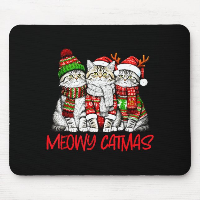 Tapis De Souris Funny Meowy Catmas Christmas Cats Ugly Sweater Gra (Devant)