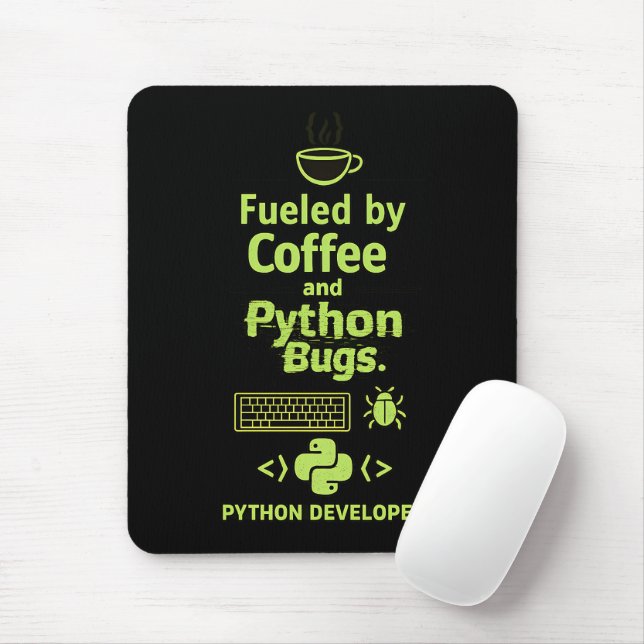 Tapis De Souris Funny Python Developer – Fueled by Coffee bugs  (Avec souris)