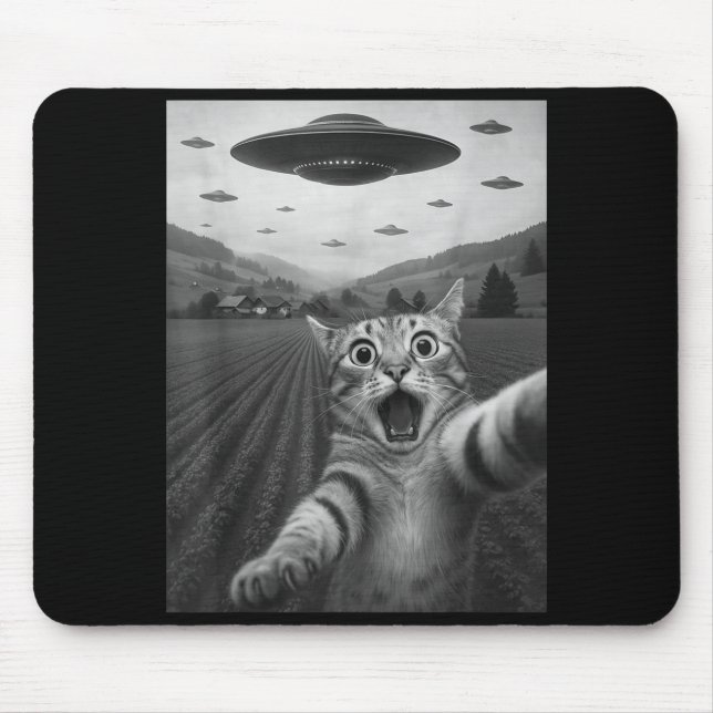 Tapis De Souris Funny Surprised Ed Cat Selfie With Alien Ufo Cat U (Devant)