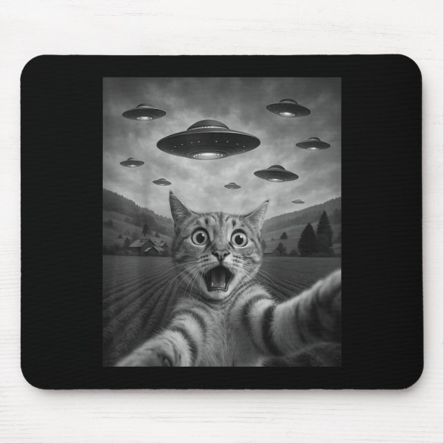 Tapis De Souris Funny Surprised Ed Cat Selfie With Alien Ufo Cat U (Devant)