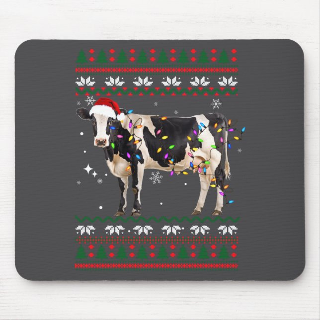 Tapis De Souris Funny Ugly Xmas Sweater Dairy Cow Farmer Lights Ch (Devant)