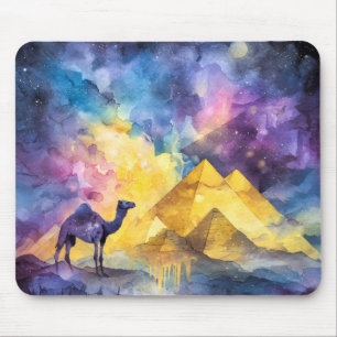 Tapis De Souris Galaxie désertique à l'aquarelle Chameau Pyramide 
