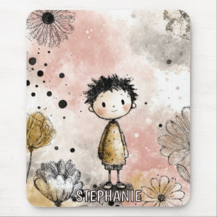 Tapis De Souris Garçon Capricieux Aquarelle aux Accents Floraux (3