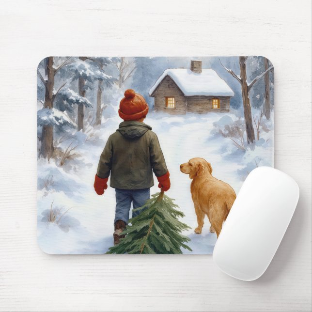 Tapis De Souris Garçon de Noël traînant un arbre à feuilles persis (Avec souris)