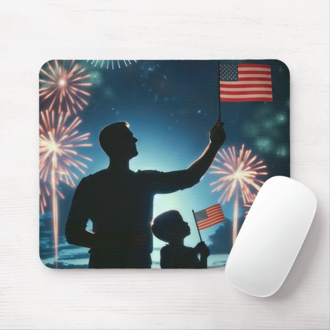 Tapis De Souris Garçon et papa avec drapeaux américains (Avec souris)