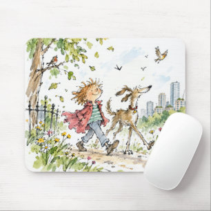 Tapis De Souris Garçon heureux et chien dans un parc urbain