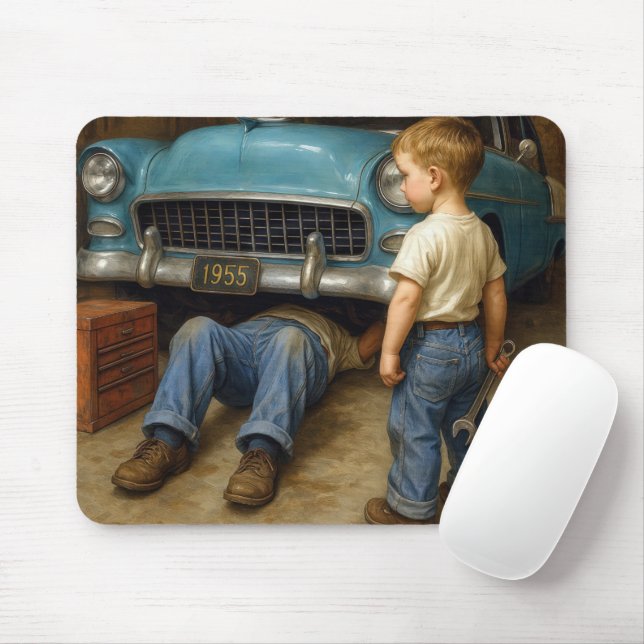 Tapis De Souris Garçon Observateur Papa Travaille Sur 1955 Chevy (Avec souris)