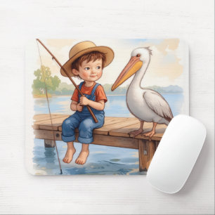 Tapis De Souris Garçon Pêchant Avec un Pélican
