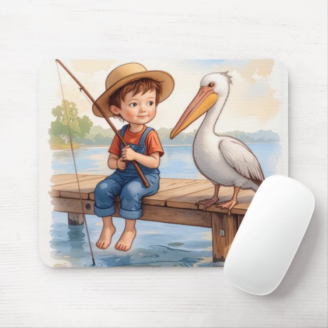 Tapis De Souris Garçon Pêchant Avec un Pélican (Avec souris)