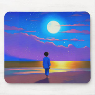 Tapis De Souris Garçon sur la plage, regardant la lune