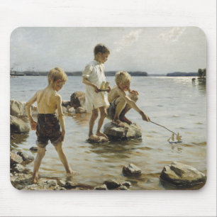 Tapis De Souris Garçons jouant sur le rivage (par Albert Edelfeel)