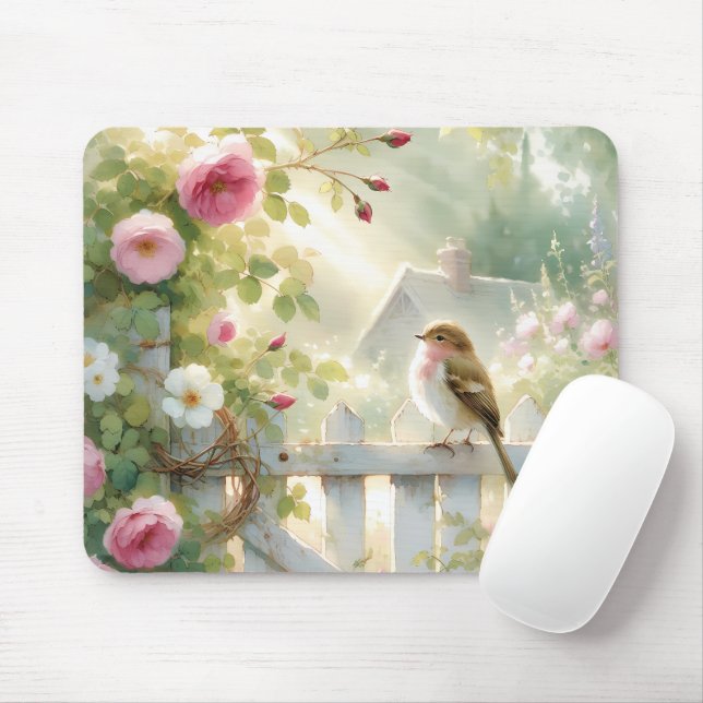 Tapis De Souris Garden Rose Bird Watercolor Scene (Avec souris)
