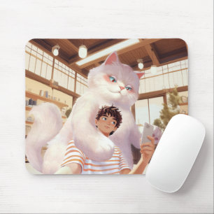 Tapis De Souris Géant Fluffy : Selfie de chat blanc au café rétro
