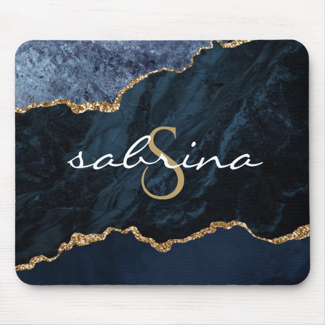 Tapis De Souris Géode d'agate bleu marine Monogramme (Devant)